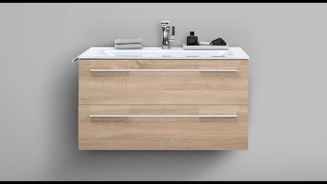 Badmöbel 90 cm Glaswaschtisch mit Unterschrank, Waschtisch Set