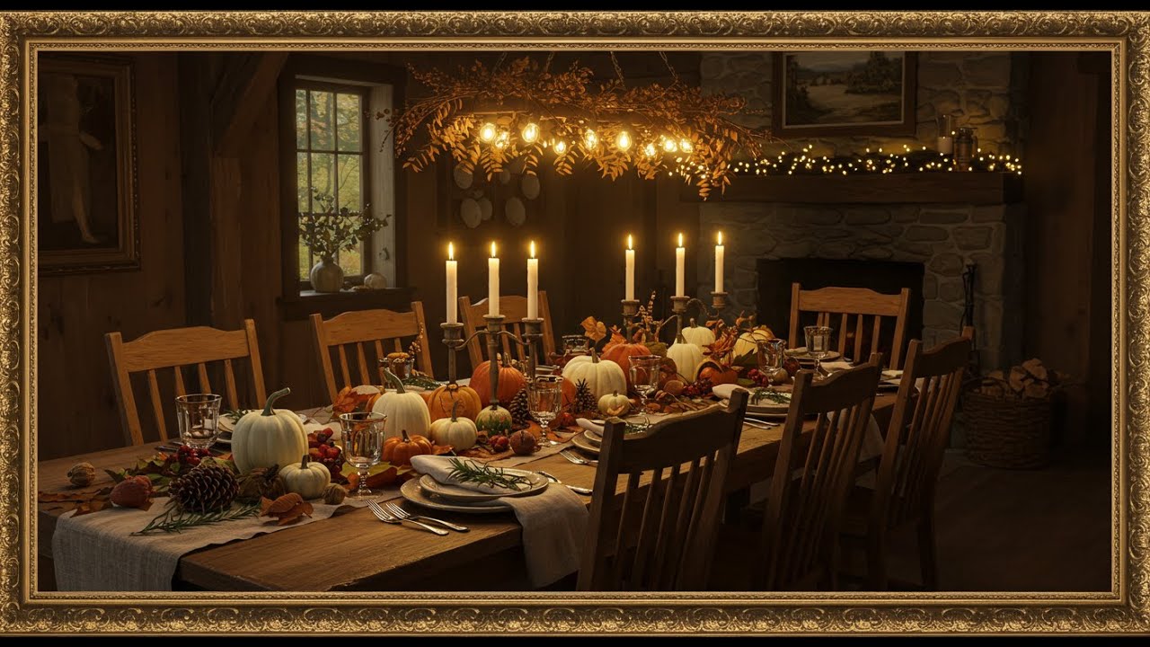 Frame TV Art - Frame Art TV with Music: Cozy Thanksgiving Dinner Table: Rustic Lodge Ambiance