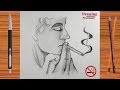 The man smokes cigarettes Drawing with pencil sketch / Smoking is dangerous do not