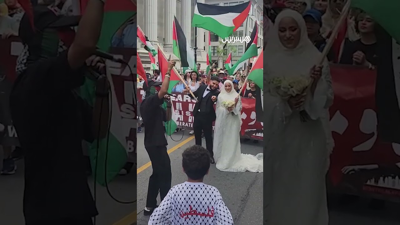 عروسان يشاركان في مظاهرة مؤيدة لفلسطين بكندا thumbnail