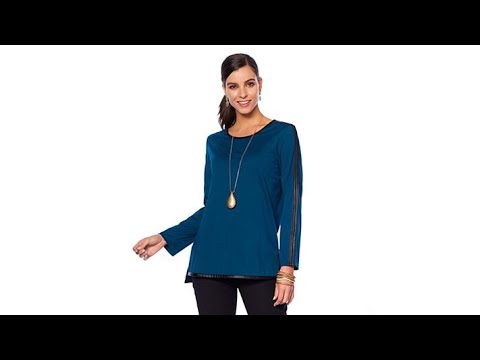 N Natori LongSleeve Double Knit Top with Faux Leather Tr...