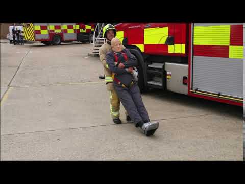 Mannequin man in a demonstration of a Fire Fighter Challenge Dummy Drag mannequin-man performming as a drag dummy: for Essex Fire Service on 07/09/2019