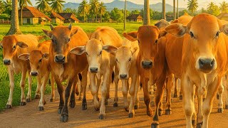 Download lagu Kerumunan Sapi Lucu Berjalan menuju Ladang rumput, Suara Sapi Moo, Sapi Makan rumput Di Ladang Hijau mp3