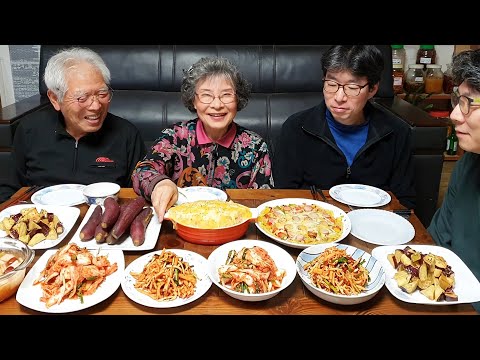 , title : '고구마 요리 총집합~! (고구마피자, 고구마그라탕, 고구마맛탕, 고구마사과무침, 막김치) Sweet Potato Mukbang / Korean Food Recipes'