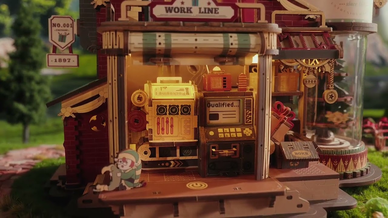 RoboTime 3D dřevěná skládačka hrací skříňky Kouzelná továrna na dárky