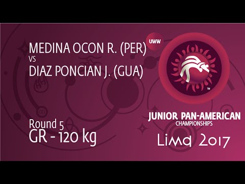 Round 5 GR - 120 kg: J. DIAZ PONCIAN (GUA) df. R. MEDINA OCON (PER) by FALL, 7-0