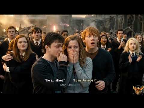 Harry, Hermione, Ron, and other students watch in awe, some crying, some cheering silently