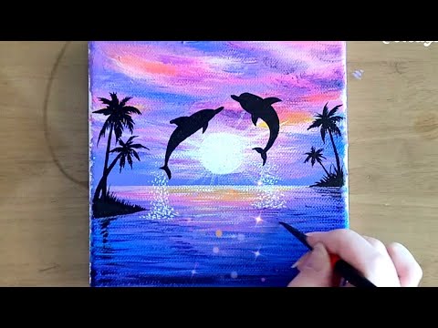 Easy Dolphin Sunset Seascape Acrylic Painting