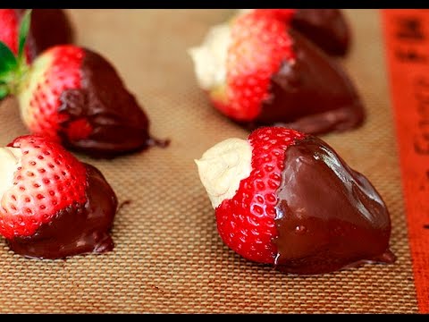 Chocolate Dipped Strawberries filled with Peanut Butter Fruit Dip!