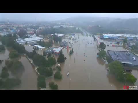Skutki powodzi w Jeleniej Górze — nagrania z drona