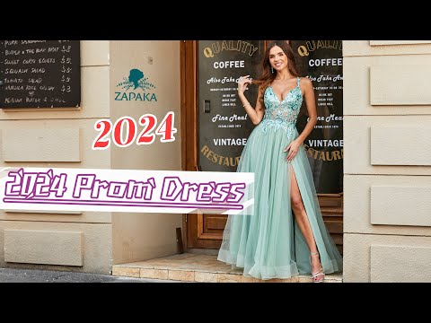 ZAPAKA Women Light Green Prom Dress A-Line V Neck Split Tulle Party Dress with Appliqued Beading