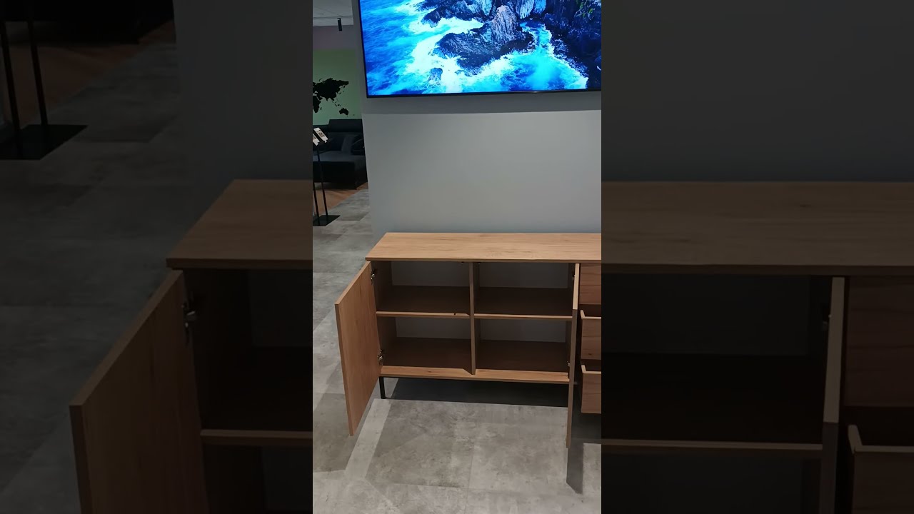 Zestaw Mebli QUERTY Do Salonu Pokoju Komoda Szafka RTV Witryna Biały Czarny Dąb Naturalny Nowoczesny