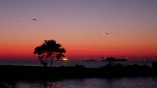 Entire sunrise over Black Sea: ships, shadows & silhouettes. 1+ hour 4K