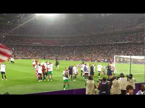 The US women's football team celebrate their Olympic 2012 Gold victory at Wembley Aug 9th 2012
