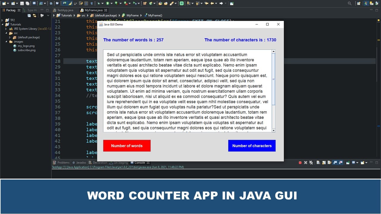 Java GUI Tutorial #39 - Word Counter App In Java GUI Using JTextArea Class, JScrollPane And linewrap