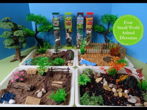 Four Small World Animal Dioramas - Forest, Wild, Farm, & Dinosaurs Animal Figures