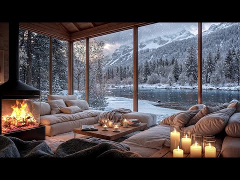 Cozy Cabin Ambience with Crackling Fire and Snowy Forest Views | Winter Relaxation Sounds ❄️🔥