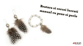  Bratara si cercei lucrati manual cu pene si perle 