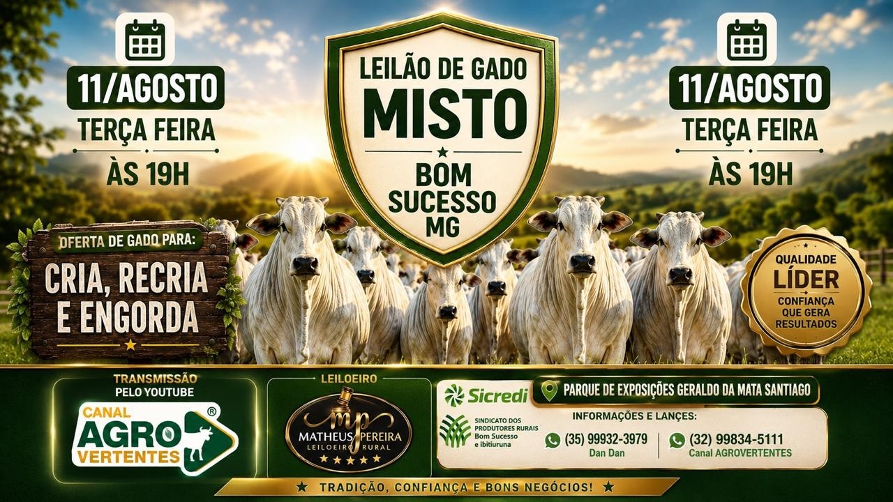 LEILÃO MISTO SINDICATO RURAL DE BOM SUCESSO E IBITURUNA/MG - 11/08/2026