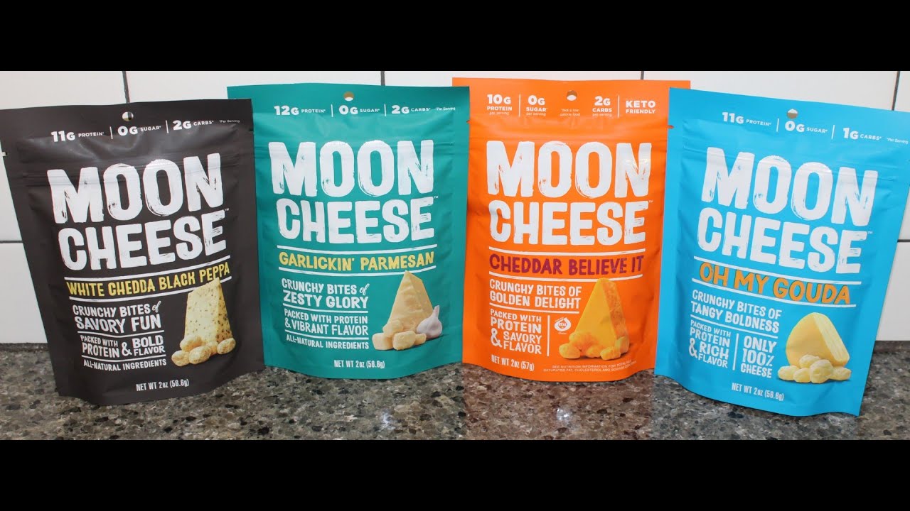 Moon Cheese: White Chedda Black Peppa, Garlickin’ Parmesan, Cheddar Believe It, Oh My Gouda