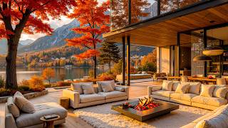 Mellow Jazz By A Cozy Fireplace On A Golden Autumn Day - Soft Jazz In A Lakeside Living Room