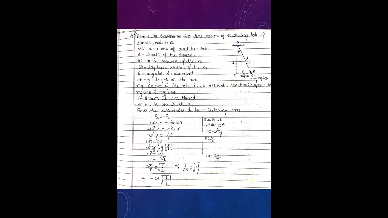 Derive the expression for time period of oscillating Bob of simple pendulum