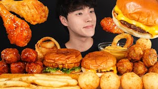 ASMR MUKBANG BURGER & FRIED CHICKEN & FRENCH FRIES & CHEESE STICKS & ONION RIGNS EATING SOUNDS