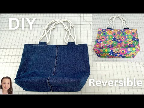 DIY Reversible Tote Bag - Denim Jeans Bag with Rope Straps