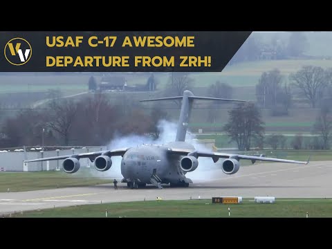 U.S. Air Force Boeing C-17 departure at Zurich Airport - insane STOL takeoff!!!