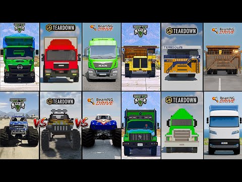 GIANT DUMP TRUCK VS HINO VS ELECTRIC VS MONSTER  IN GTA 5 VS TEARDOWN VS BEAMNG -WHICH IS BEST ?