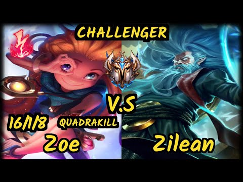 Evrot (ZOE) vs ZILEAN - QUADRAKILL 16/1/8 KDA MID CHALLENGER GAMEPLAY - BR