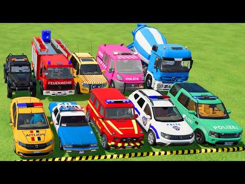 TRANSPORTING POLICE CARS, AMBULANCE, FIRE TRUCK, COLORFUL CARS WITH TRUCK -FARMING SIMULATOR 22!