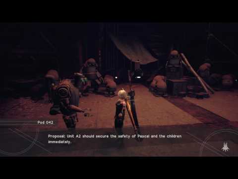 Nier: Automata Route C - Pascal's Despair: A2 Chats with Pascal at Abandoned Factory & Bipeds Fight