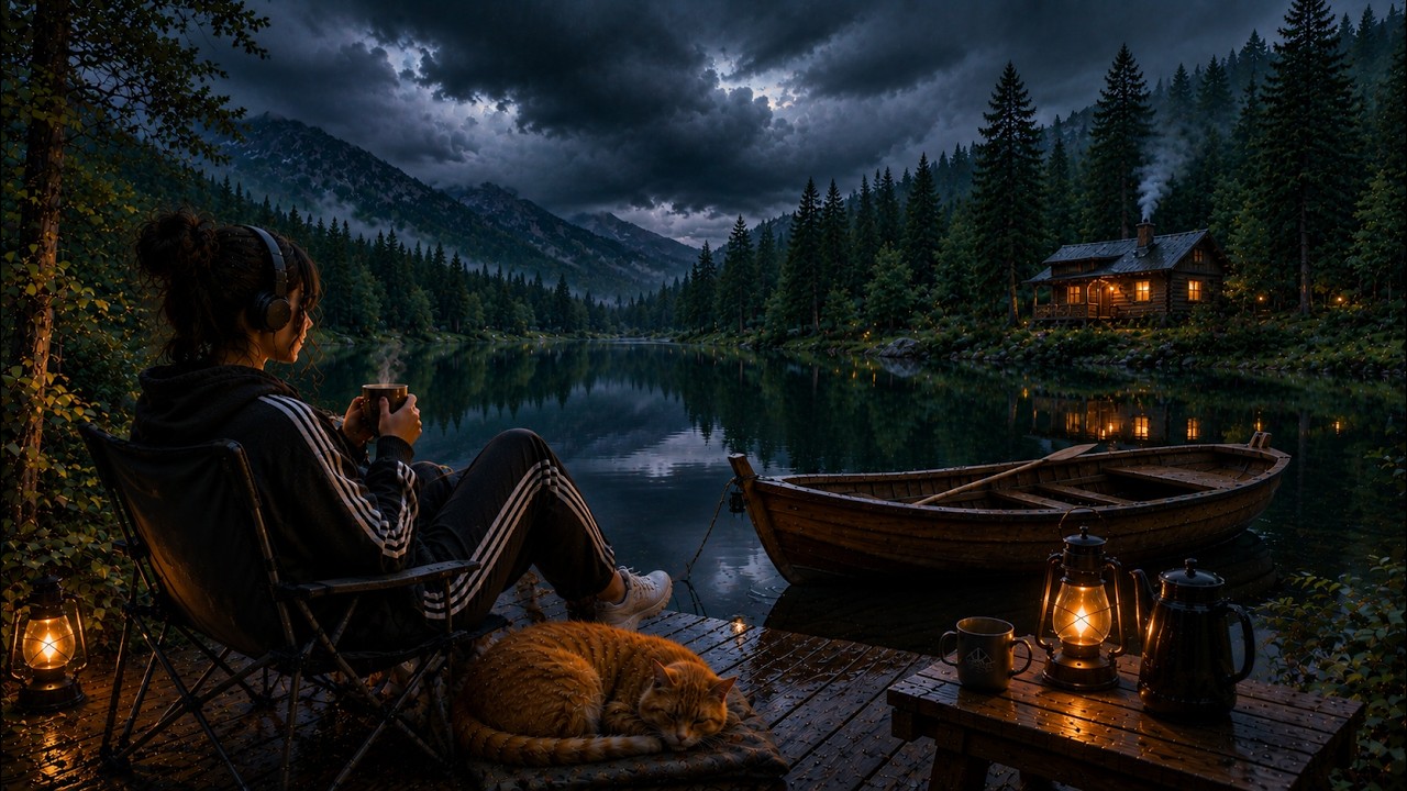 🌧️ 6 Hours of Cozy Lake Lofi ☕ Rainy Forest, Calm Water & Cabin Lights | Relax, Study & Sleep #Lofi