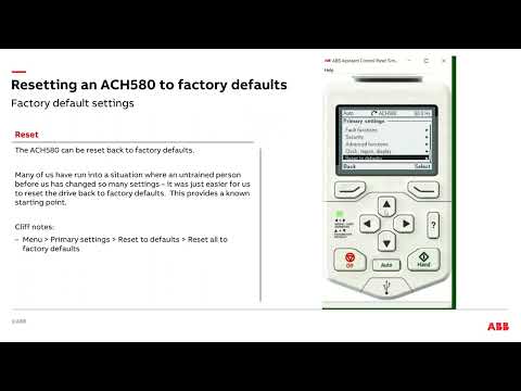 Part of a video titled Reset ACH580 parameters to factory defaults - YouTube
