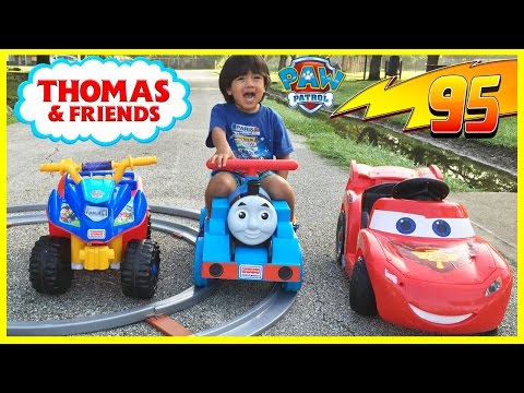 Ryan riding Disney Cars Lightning McQueen and Paw Patrol Power Wheels Video