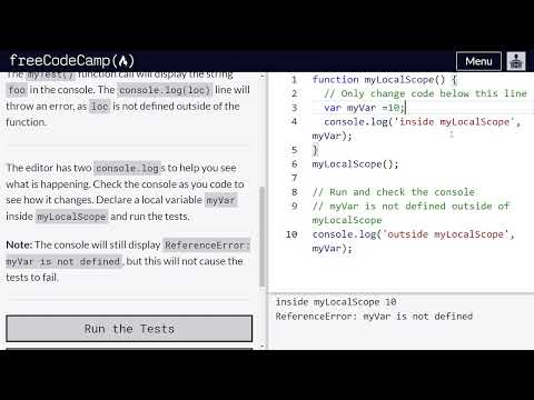 Local Scope And Functions Freecodecamp Video 53 Basic Javascript