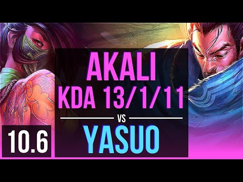 AKALI vs YASUO (MID) | 2.1M mastery points, KDA 13/1/11, Triple Kill, Legendary | KR Diamond | v10.6