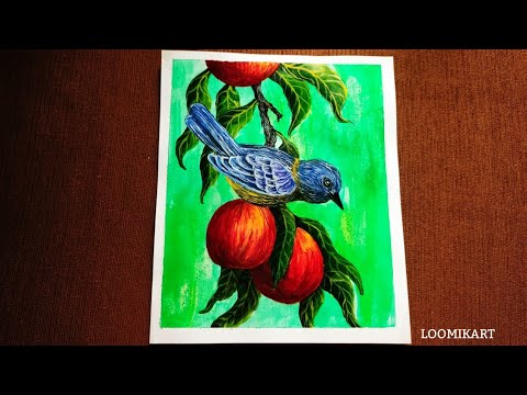 How to draw a sparrow sitting on a fruity branch / Acrylic painting of lovely sparrow and fruits