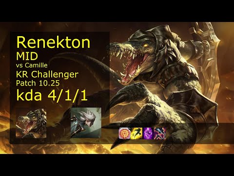 Renekton vs Camille Mid - KR Challenger 4/1/1 Patch 10.25 Gameplay // [롤] 레넥톤 vs 카밀 미드