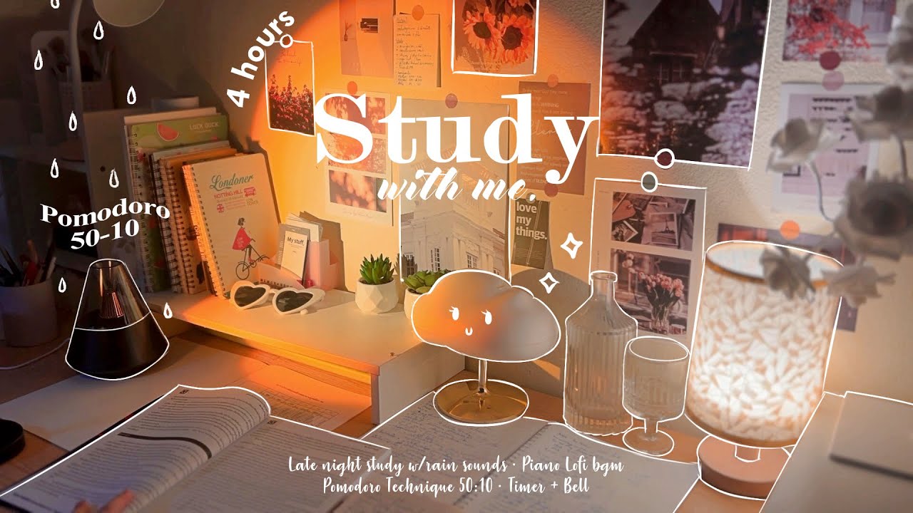 4-HOUR 🧡 Late Night Study With Me • Rain sounds☔ + Lofi bgm • Pomodoro 50-10 • Day183🌇