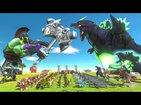 Team SUPER GODZILLA + All Kaiju VS MARVEL and HULK SUPER HERO Team - Animal Revolt Battle Simulator