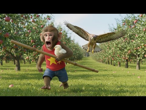 Monkey Macaca Saves a Little Chicken from a Giant Hawk in the Apple Garden