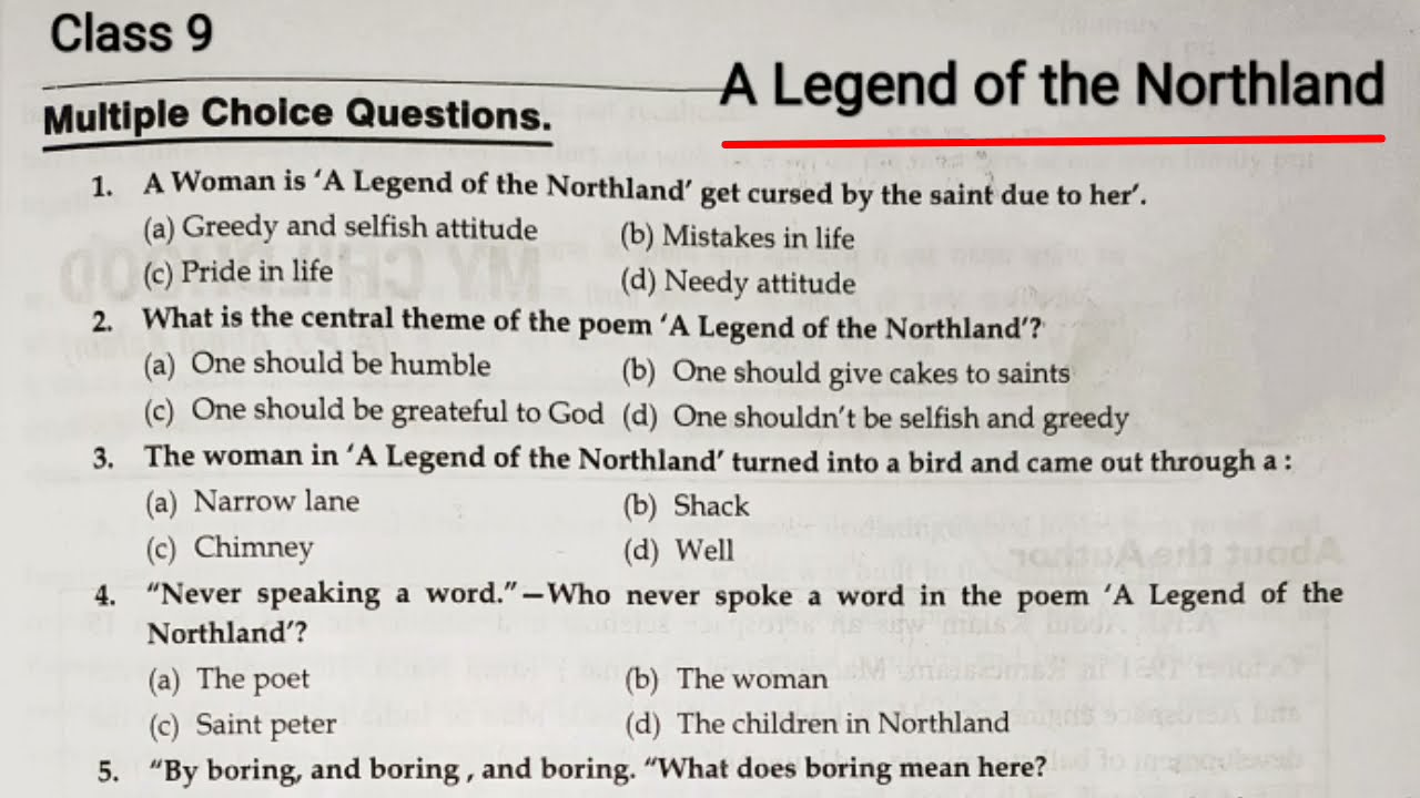 A Legend of the Northland Mcq | A Legend of Northland Mcq Class 9 | Mcq of A Legend of Northland |