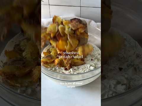 smashed potato salad w creamy yogurt dill dressing and pickles! recipe below ⬇️