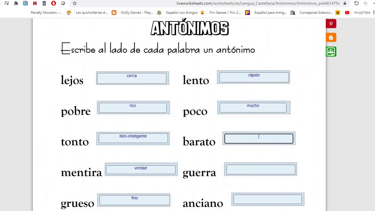 Hoja de trabajo de antónimos en español