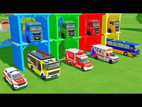 TRANSPORTING BUS, FIRE DEPARTEMENT, AMBULANCE, FIRE TRUCK, POLICE CAR WITH TRUCK | FS22