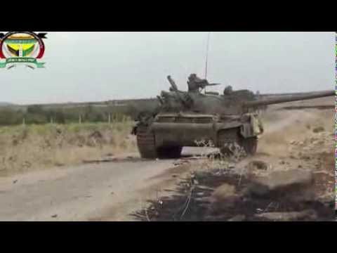 إحدى الدبابات التي تم اغتنامها من قوات النظام على جبهة تل الواويات في نوى في ريف درعا من قبل لواء جيدور حوران ولواء أبابيل حوران