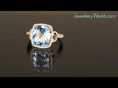 9ct White Gold Blue Topaz & Diamond Checkerboard Cushion Ring