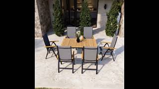 VILLANA Garten-Essgruppe, schwarz/grau, Aluminium/Eukalyptus, Tisch 150/200 x 90 cm, 6 Klappstühle, ausziehbar, FSC®-zertifiziertes Produkt